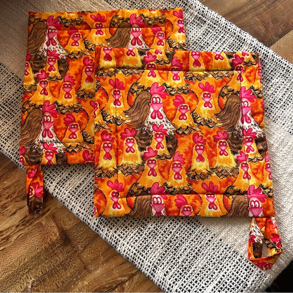 Handmade Chicken Pot Holders | Farmhouse Kitchen Decor | Set of 2